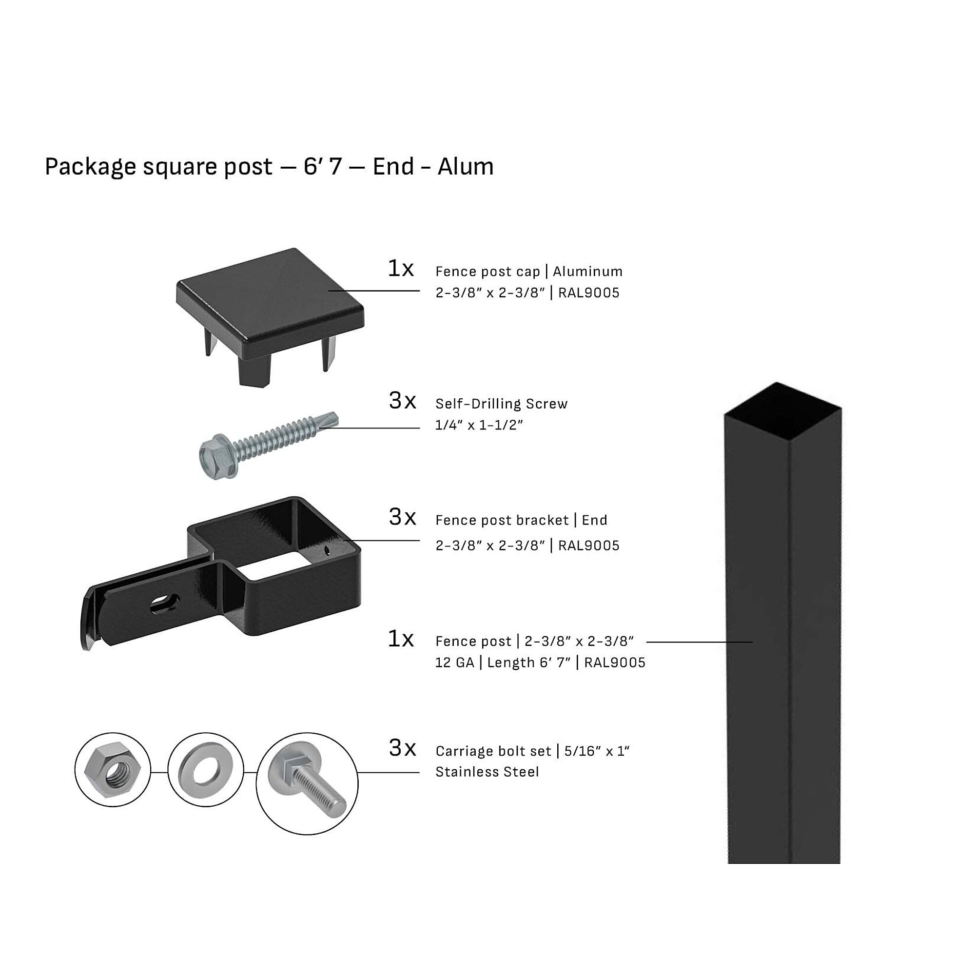 Tarter Square Steel End Fence Post — 2-3/8in. x 6ft. 7in., 12-Ga. Steel, Aluminum Cap, Black, Model# 2000998